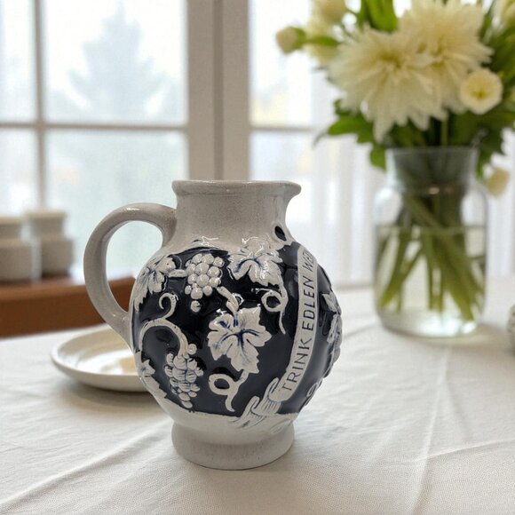 Marzi & Remy German Pottery Pitcher 5 1/2" Jug Blue Gray Grapes Wine - Picture 1 of 7